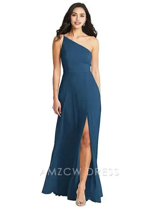 Vestido elegante azul marino Amzcw de un solo hombro con abertura alta de gasa, vestido de noche largo, vestidos formales 