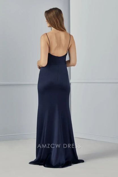 Vestido elegante de satén azul marino con cuello vuelto Amzcw, tirantes finos, abertura alta, ajustado, maxivestido formal. 
