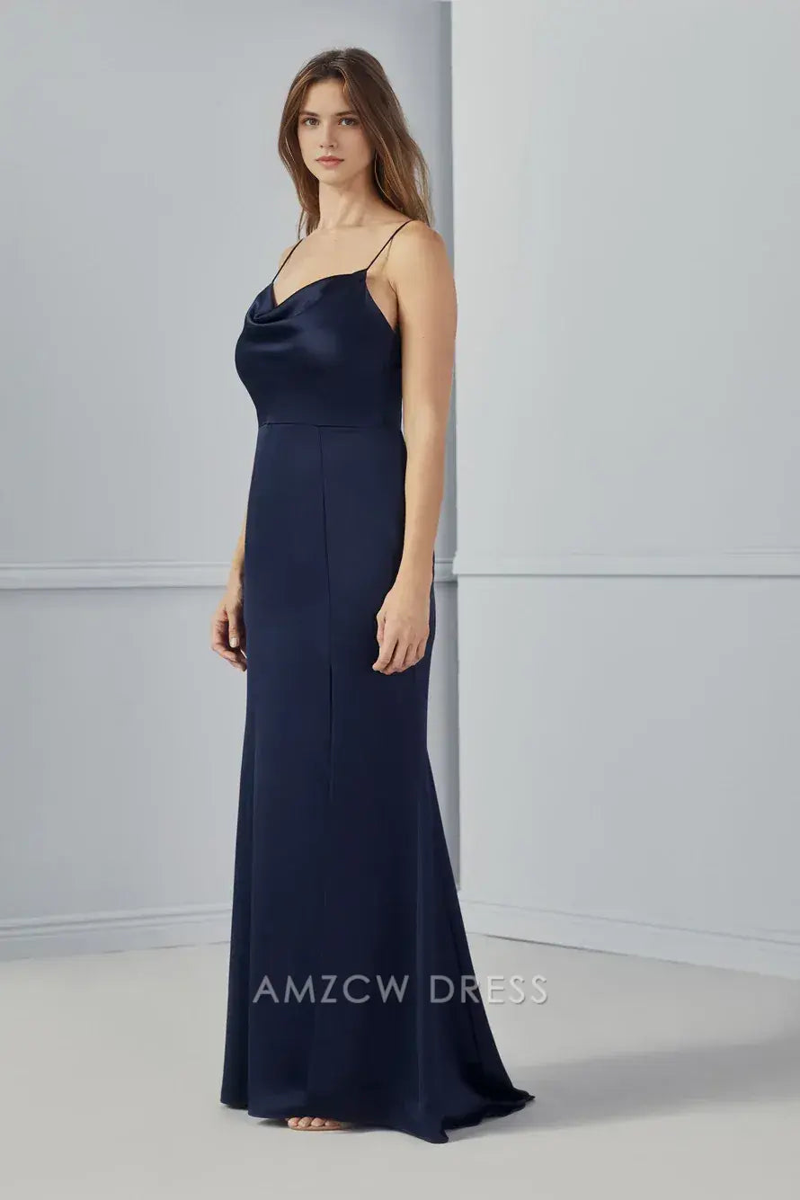 Vestido elegante de satén azul marino con cuello vuelto Amzcw, tirantes finos, abertura alta, ajustado, maxivestido formal. 