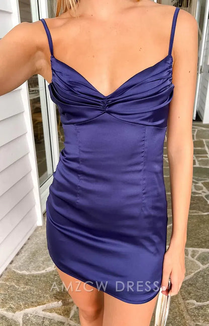 Amzcw Elegant Navy Satin Mini Dress with Ruched Bust & Spaghetti Straps Party wear