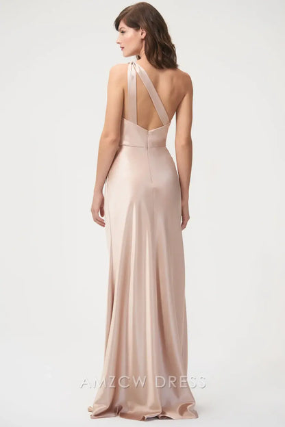 Vestido elegante Amzcw rosa nude con un solo hombro - Vestido de noche largo de satén con corte tubo - Vestidos formales 