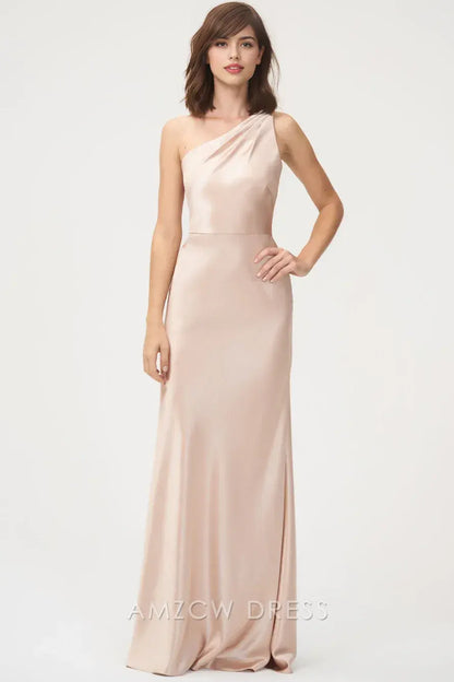 Vestido elegante Amzcw rosa nude con un solo hombro - Vestido de noche largo de satén con corte tubo - Vestidos formales 