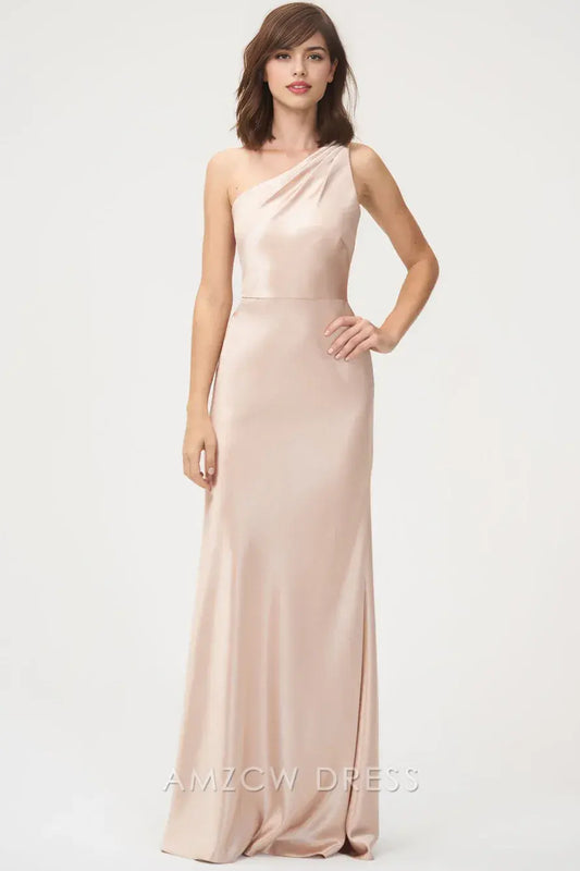 Vestido elegante Amzcw rosa nude con un solo hombro - Vestido de noche largo de satén con corte tubo - Vestidos formales 