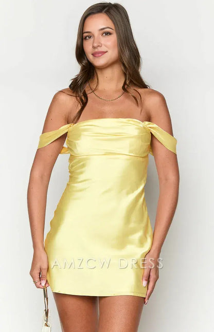 Amzcw Elegant Off - Shoulder Bow - Accent Mini Dress: A Radiant Choice for Brunch Dates, Garden Parties, and Summer Get - Togethers. Its Shiny Fabric and Graceful Design Bring Cheerful Elegance to Sunny Occasions.