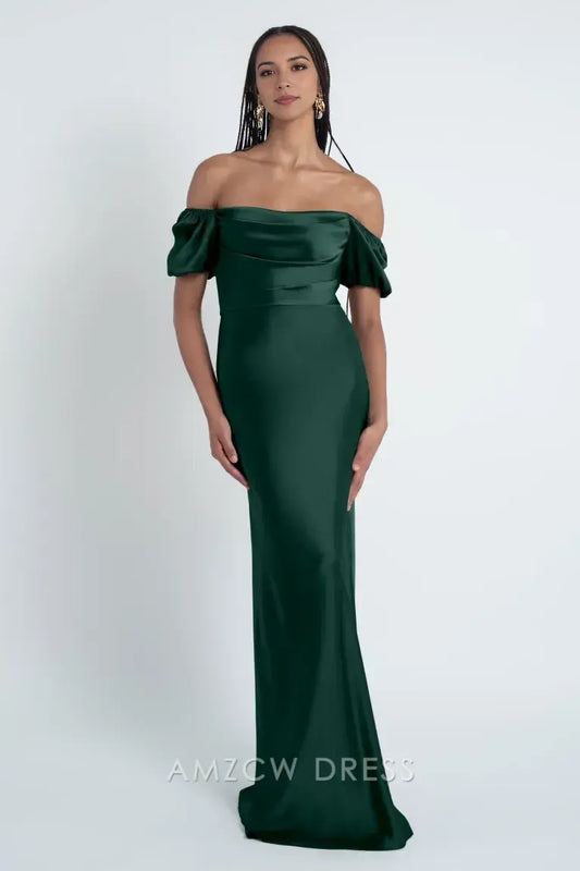 Amzcw Elegant Off - Shoulder Ruffled - Sleeve Satin Gown: Elegant Allure formal wear dresses