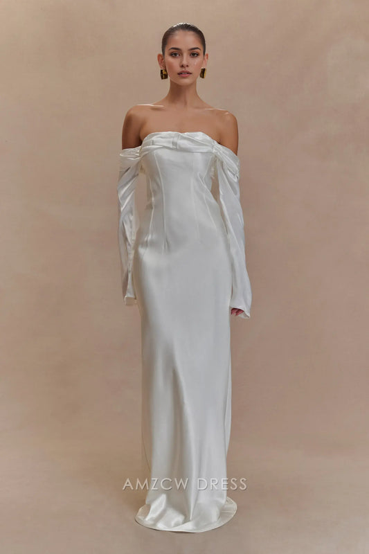 Amzcw Elegant Off - Shoulder Satin Gown with Bell Sleeves: Prom & Event Gem Party wear