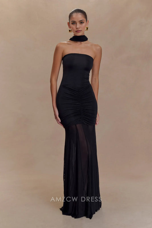 Amzcw Elegant Off - Shoulder Sheer Black Gown: Prom & Event Highlight Party wear