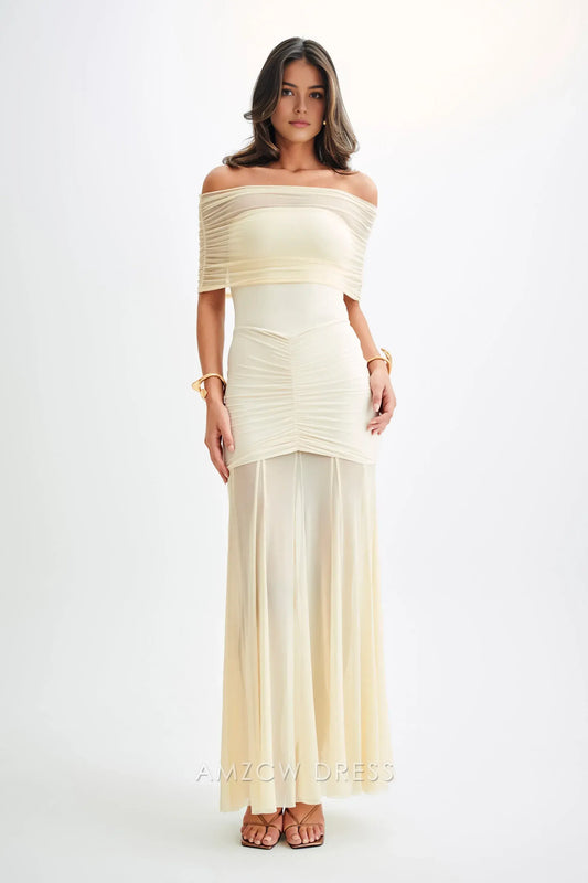 Amzcw Elegant Off - Shoulder Sheer Champagne Gown: Prom & Event Highlight Party wear