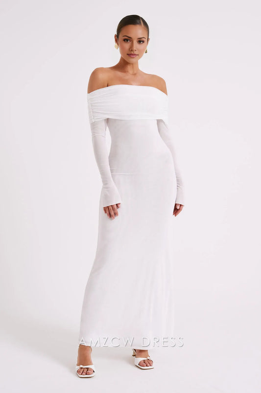 Amzcw Elegant Off - Shoulder Tulle - Sleeve Maxi Dress with Draped Neckline: A Dreamy Choice for Elegant Occasions