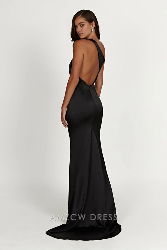 Amzcw Elegant One - Shoulder Backless Satin Gown | Prom & Evening Event Essential Party wear