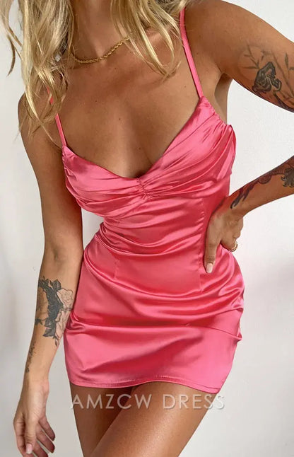Amzcw Elegant Pink Satin Cami Mini Dress | Prom & Party Essential Party wear