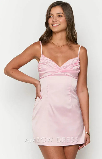 Amzcw Elegant Pink Satin Cami Mini Dress with Ruched Bust | Prom & Event Ready Party wear