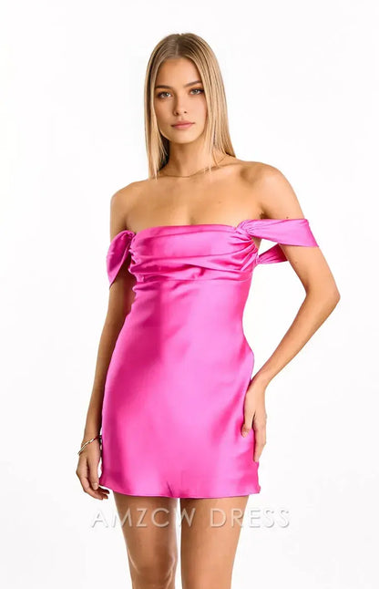 Amzcw Elegant Pink Satin Off - Shoulder Dress with Bow Sleeves | Prom & Party Star Party wear