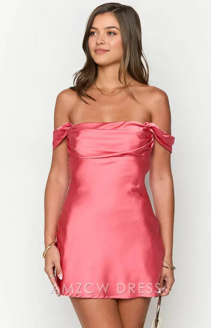 Amzcw Elegant Pink Satin Off - Shoulder Mini Dress | Prom & Event Must - Have Party wear