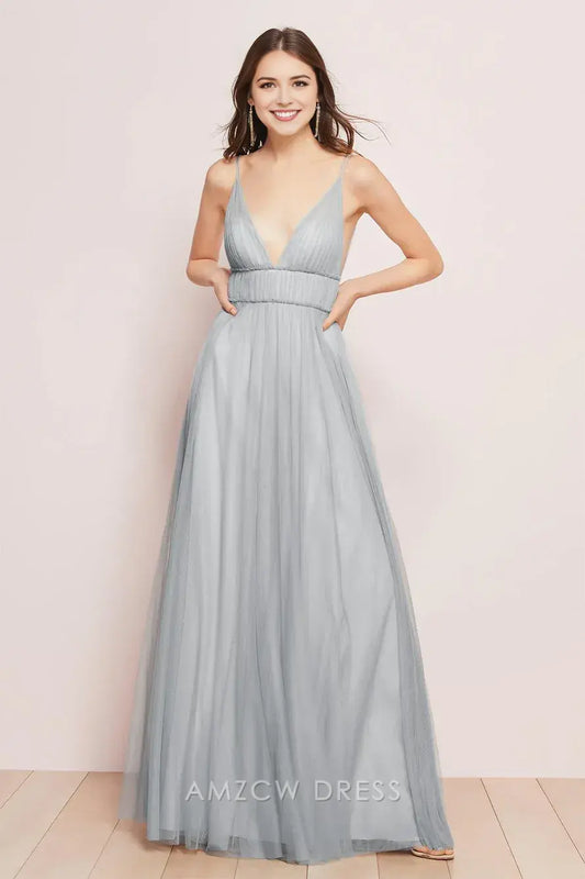 Amzcw Elegant Plunging V - Neck Tulle Gown: Ethereal Grace formal wear dresses