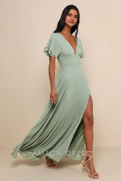 Vestido largo elegante Amzcw con mangas onduladas y pinceladas de salvia, ideal para ocasiones formales 