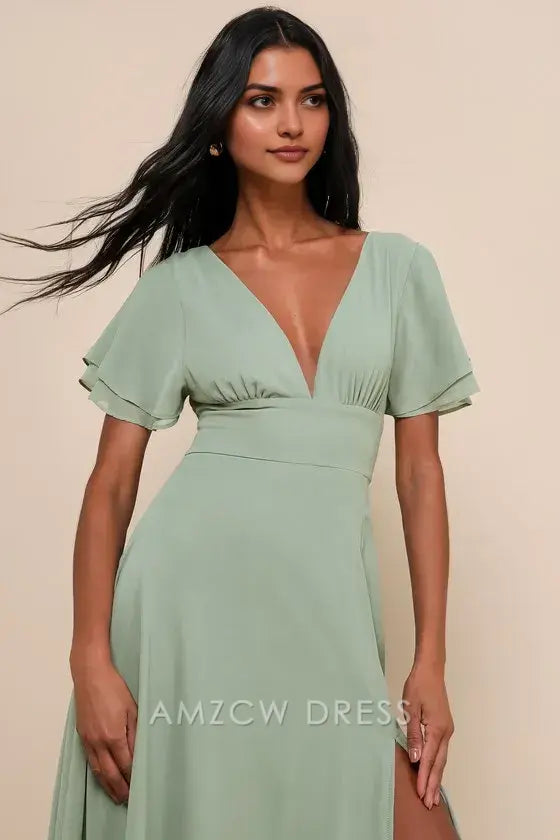 Vestido largo elegante Amzcw con mangas onduladas y pinceladas de salvia, ideal para ocasiones formales 