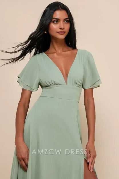 Vestido largo elegante Amzcw con mangas onduladas y pinceladas de salvia, ideal para ocasiones formales 