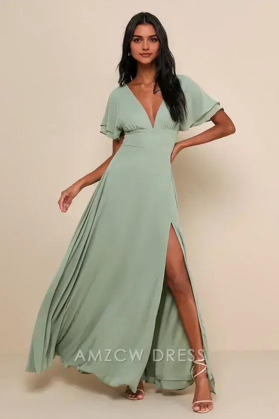 Vestido largo elegante Amzcw con mangas onduladas y pinceladas de salvia, ideal para ocasiones formales 