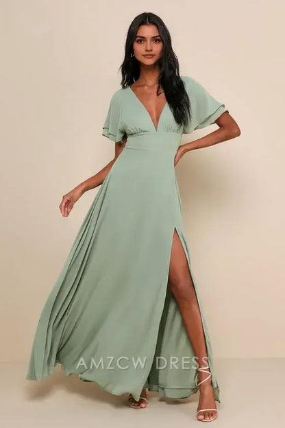 Vestido largo elegante Amzcw con mangas onduladas y pinceladas de salvia, ideal para ocasiones formales 