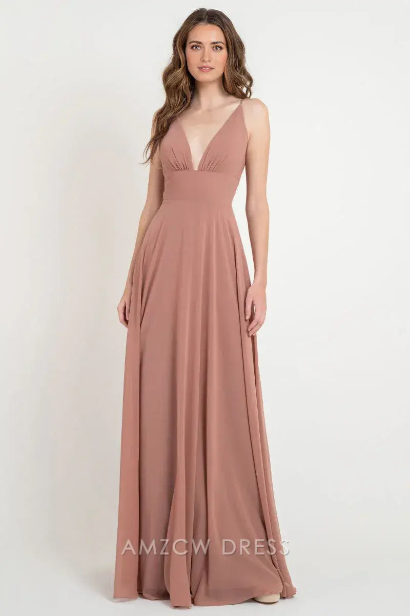 Vestido largo elegante y romántico en rosa ruborizado con escote en V profundo de Amzcw para eventos, vestidos formales 