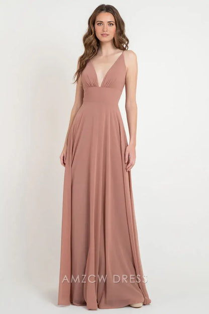 Vestido largo elegante y romántico en rosa ruborizado con escote en V profundo de Amzcw para eventos, vestidos formales 