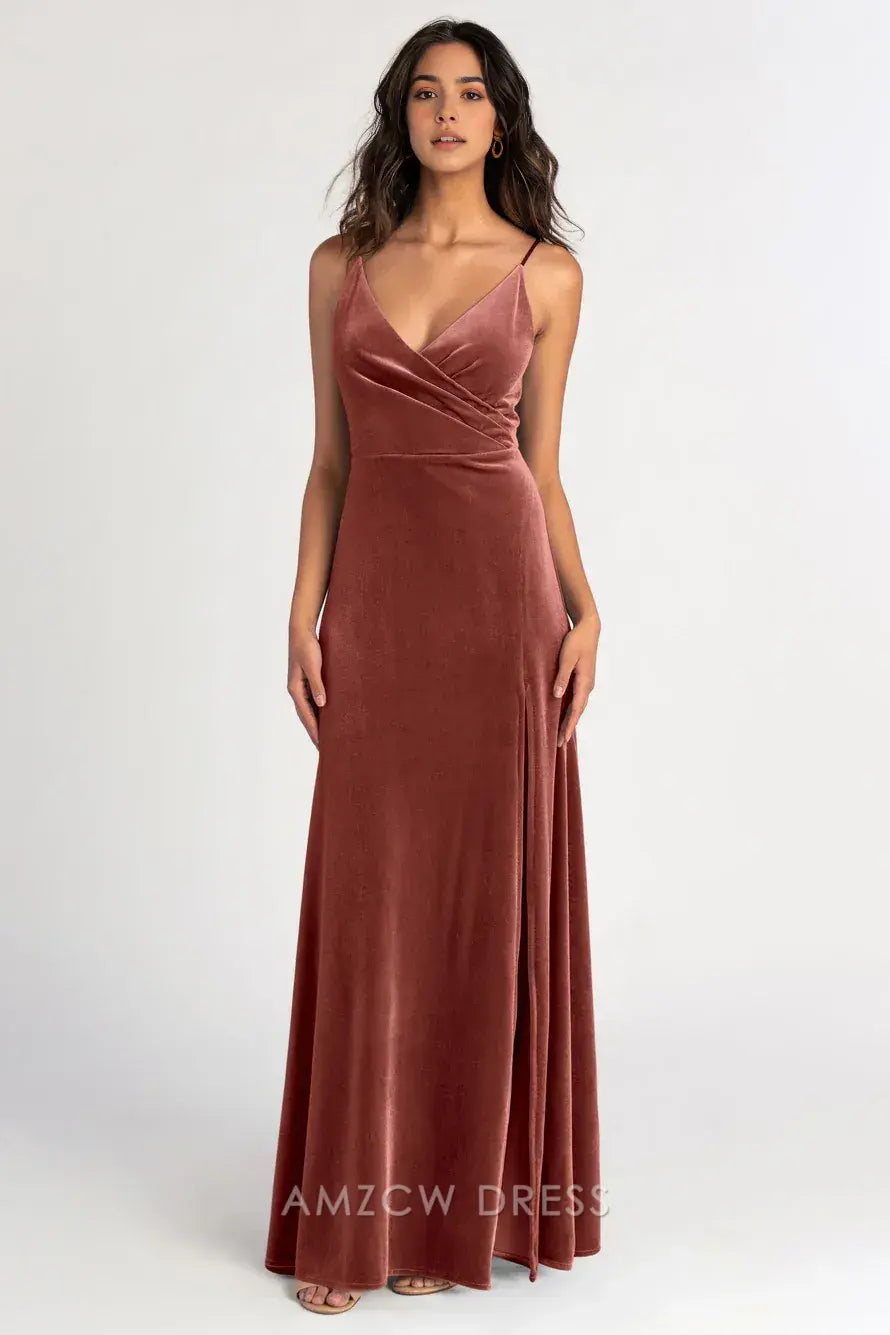 Vestido largo elegante de terciopelo rosa Amzcw - Cuello en V cruzado con abertura lateral, vestidos formales para mujer 