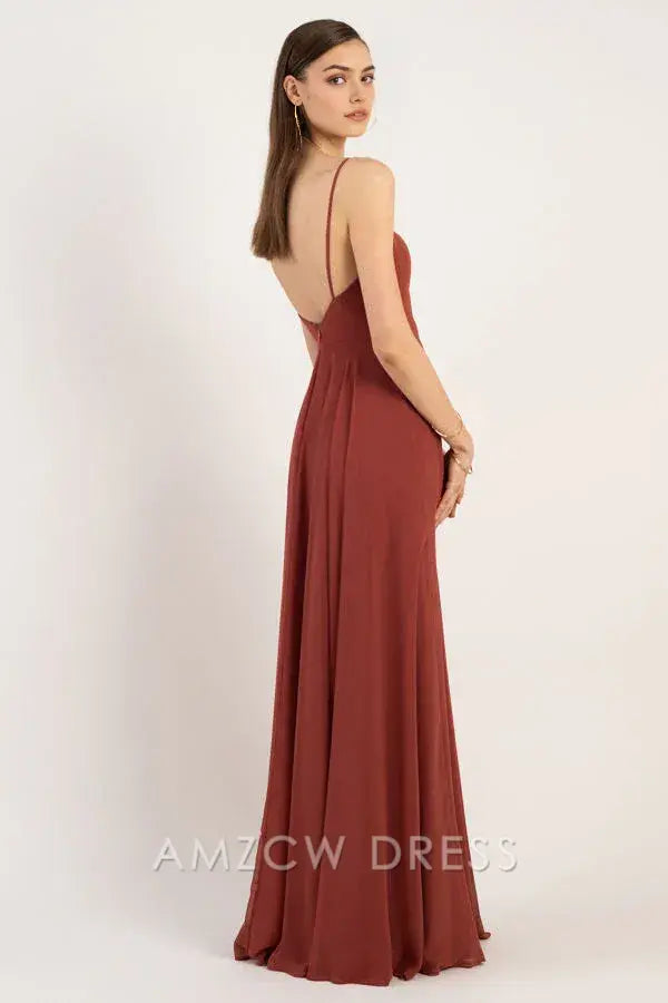 Vestido elegante de gasa color óxido con escote cuadrado de Amzcw - Vestido largo fluido con tirantes finos - Vestidos formales 