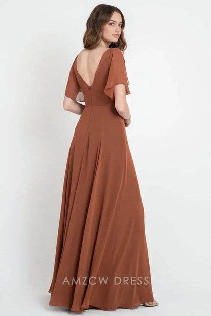 Vestido cruzado elegante de gasa color óxido de Amzcw con mangas murciélago en V profundo, abertura lateral, vestido largo fluido para ocasiones formales 