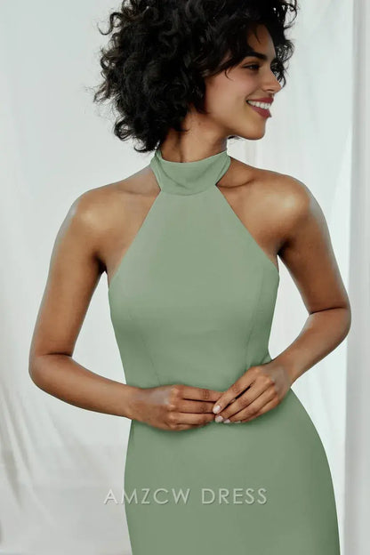 Vestido elegante verde salvia con cuello halter de Amzcw - Vestido de noche largo sin mangas con corte tubo - Vestidos formales 