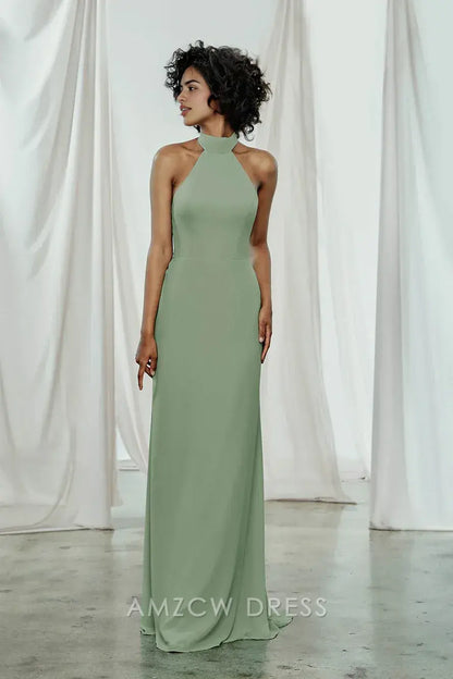 Vestido elegante verde salvia con cuello halter de Amzcw - Vestido de noche largo sin mangas con corte tubo - Vestidos formales 