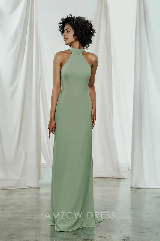 Vestido elegante verde salvia con cuello halter de Amzcw - Vestido de noche largo sin mangas con corte tubo - Vestidos formales 