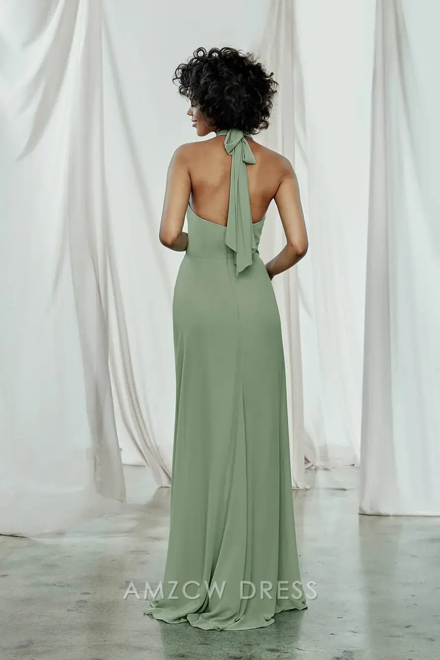 Vestido elegante verde salvia con cuello halter de Amzcw - Vestido de noche largo sin mangas con corte tubo - Vestidos formales 