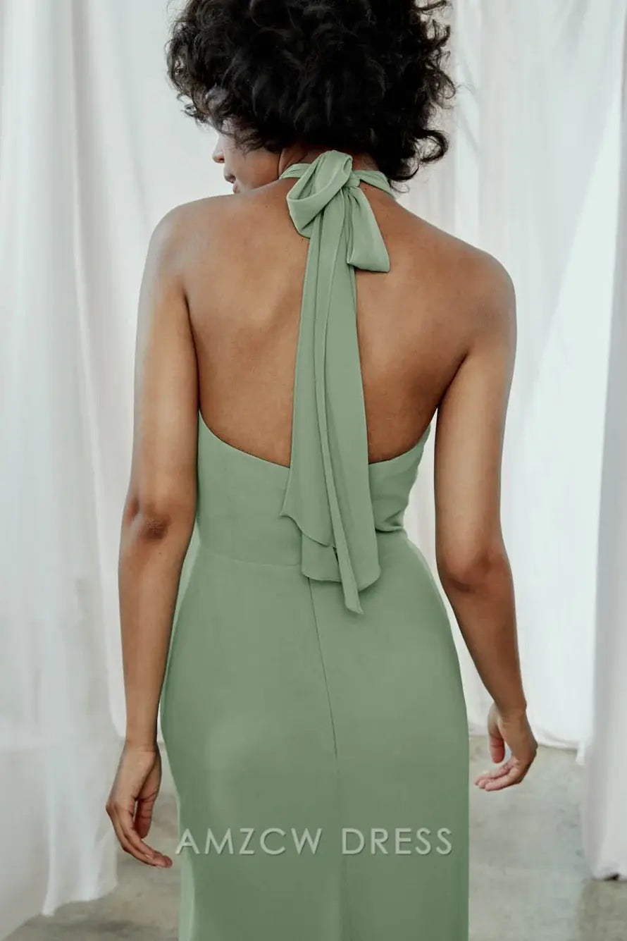 Vestido elegante verde salvia con cuello halter de Amzcw - Vestido de noche largo sin mangas con corte tubo - Vestidos formales 