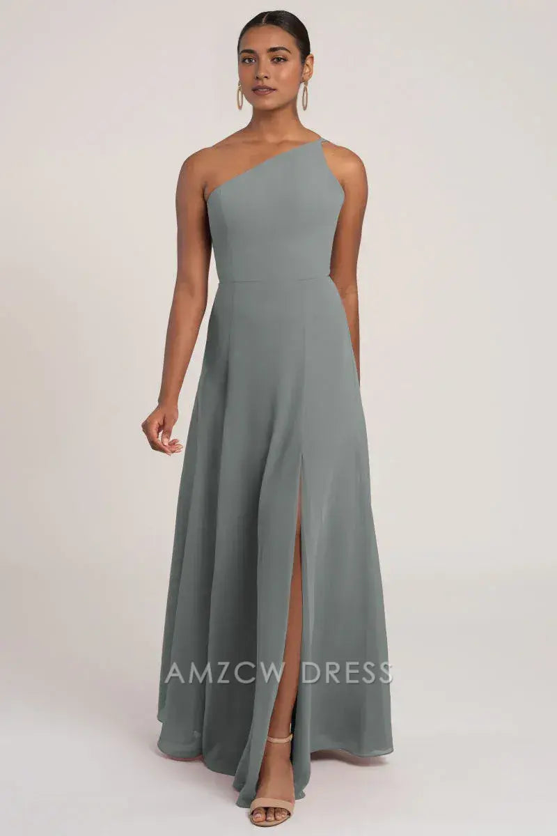 Elegante vestido de gasa verde salvia de Amzcw con un solo hombro y abertura lateral para ocasiones formales 