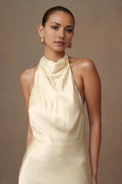 Elegante vestido largo Amzcw de satén con cuello halter, escote desbocado y espalda abierta: una opción elegante para eventos formales. 