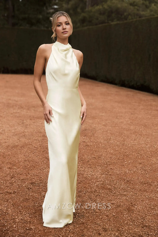 Amzcw Elegant Satin Halter - Neck Maxi Dress with Cowl Neckline and Open Back: A Graceful Option for Formal Events