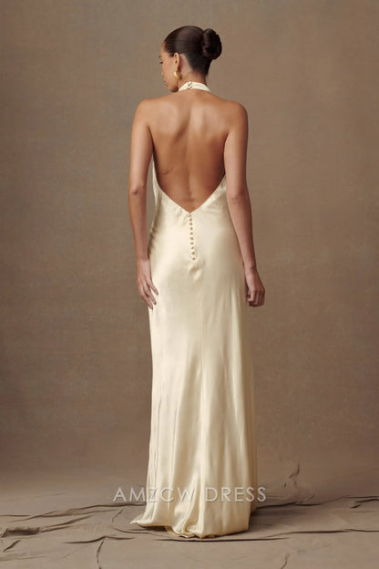 Elegante vestido largo Amzcw de satén con cuello halter, escote desbocado y espalda abierta: una opción elegante para eventos formales. 