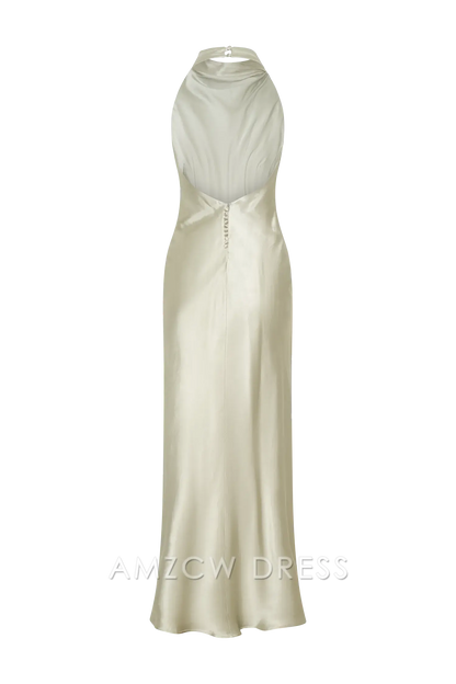 Elegante vestido largo de satén con cuello halter y espalda abierta de Amzcw: una opción elegante para ocasiones formales. 