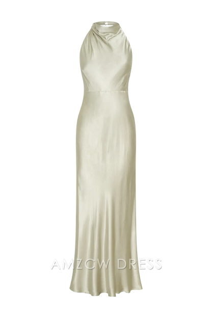 Elegante vestido largo de satén con cuello halter y espalda abierta de Amzcw: una opción elegante para ocasiones formales. 