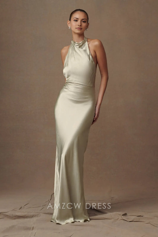 Amzcw Elegant Satin Halter - Neck Maxi Dress with Open Back: A Graceful Option for Formal Occasions