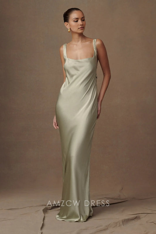 Amzcw Elegant Satin Maxi Dress with Square Neckline and Crisscross Back Straps: A Graceful Choice for Formal Events
