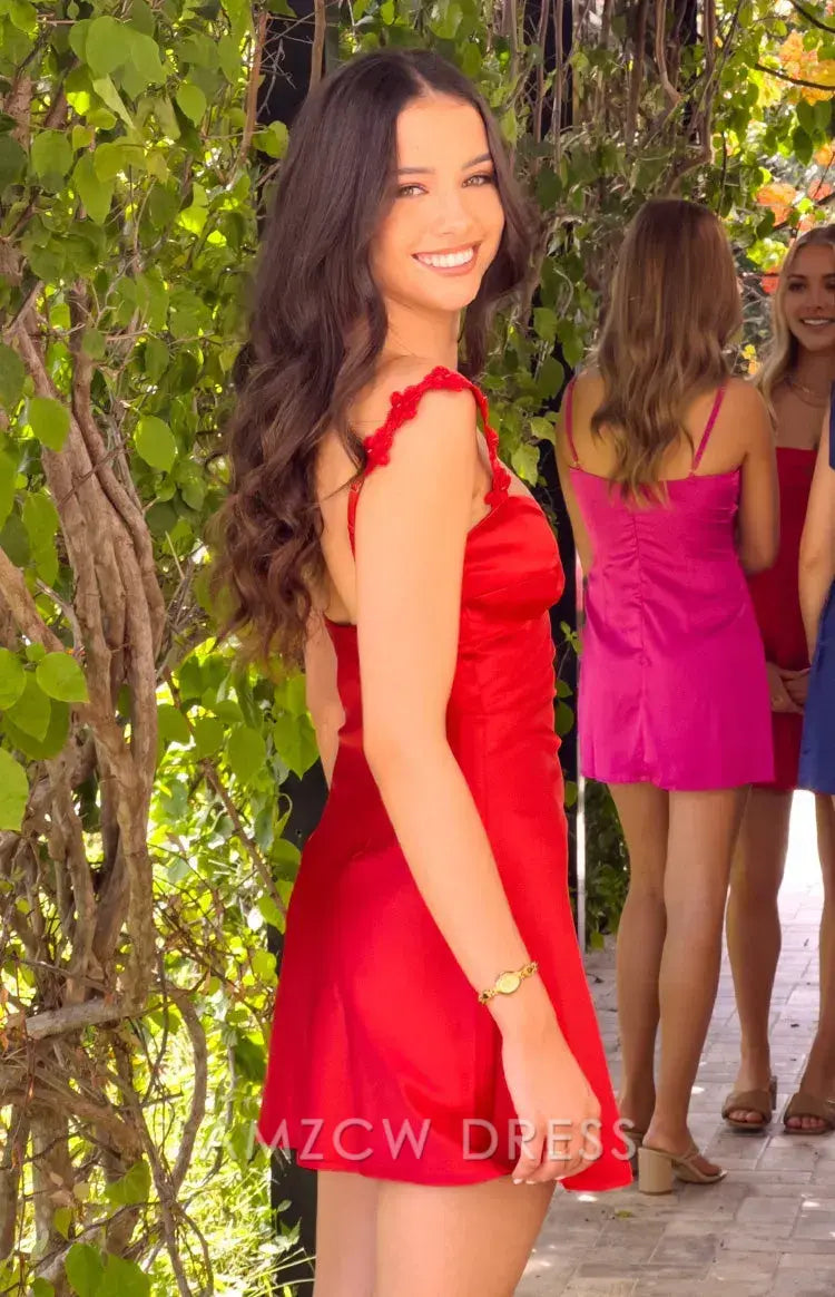 Amzcw Elegant Satin Mini Dress with Floral - Embroidered Straps: A Sweet Choice for Garden Parties