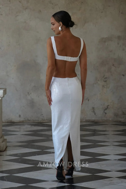 Elegante vestido largo Amzcw con lentejuelas, detalles recortados y escote cuadrado: una opción audaz para eventos glamurosos. 