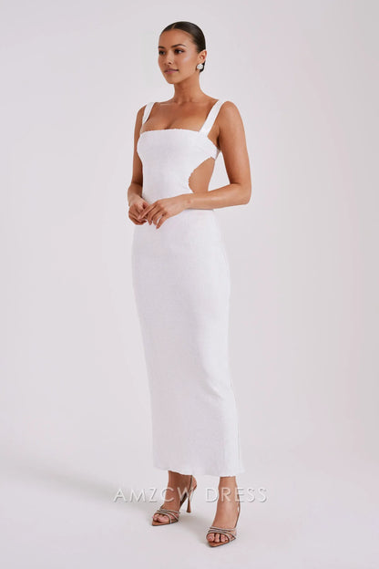 Elegante vestido largo Amzcw con lentejuelas, detalles recortados y escote cuadrado: una opción audaz para eventos glamurosos. 