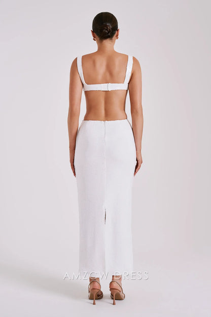 Elegante vestido largo Amzcw con lentejuelas, detalles recortados y escote cuadrado: una opción audaz para eventos glamurosos. 