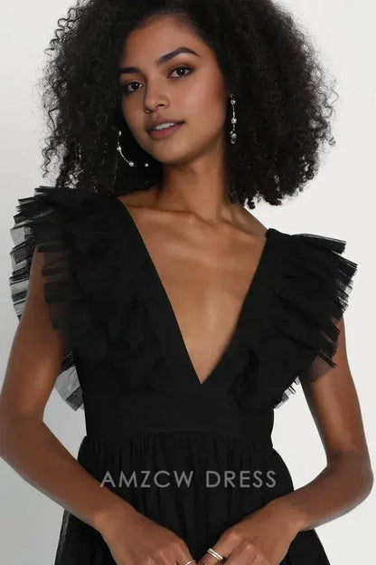 Vestido largo elegante con espalda descubierta y volantes de malla negra Amzcw, simplemente encantado, vestidos formales 