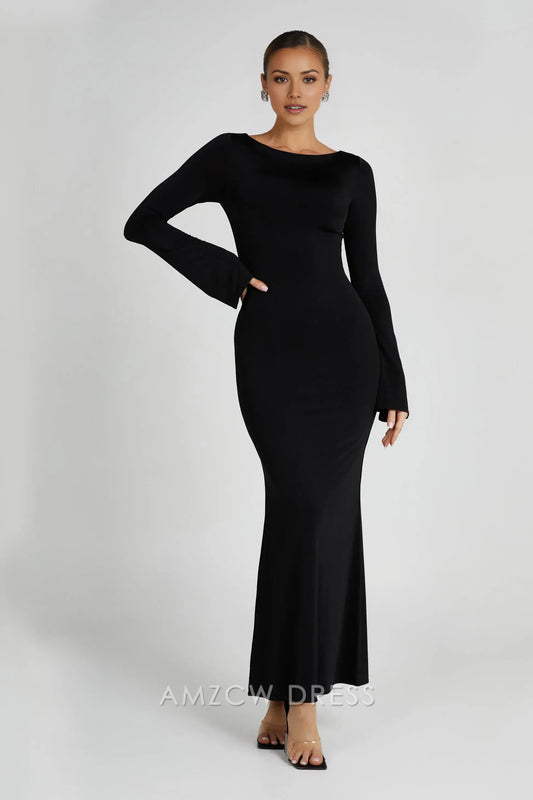 Amzcw Elegant Sleek Long - Sleeve Maxi Dress with Boat Neckline: A Timeless Choice for Formal Occasions