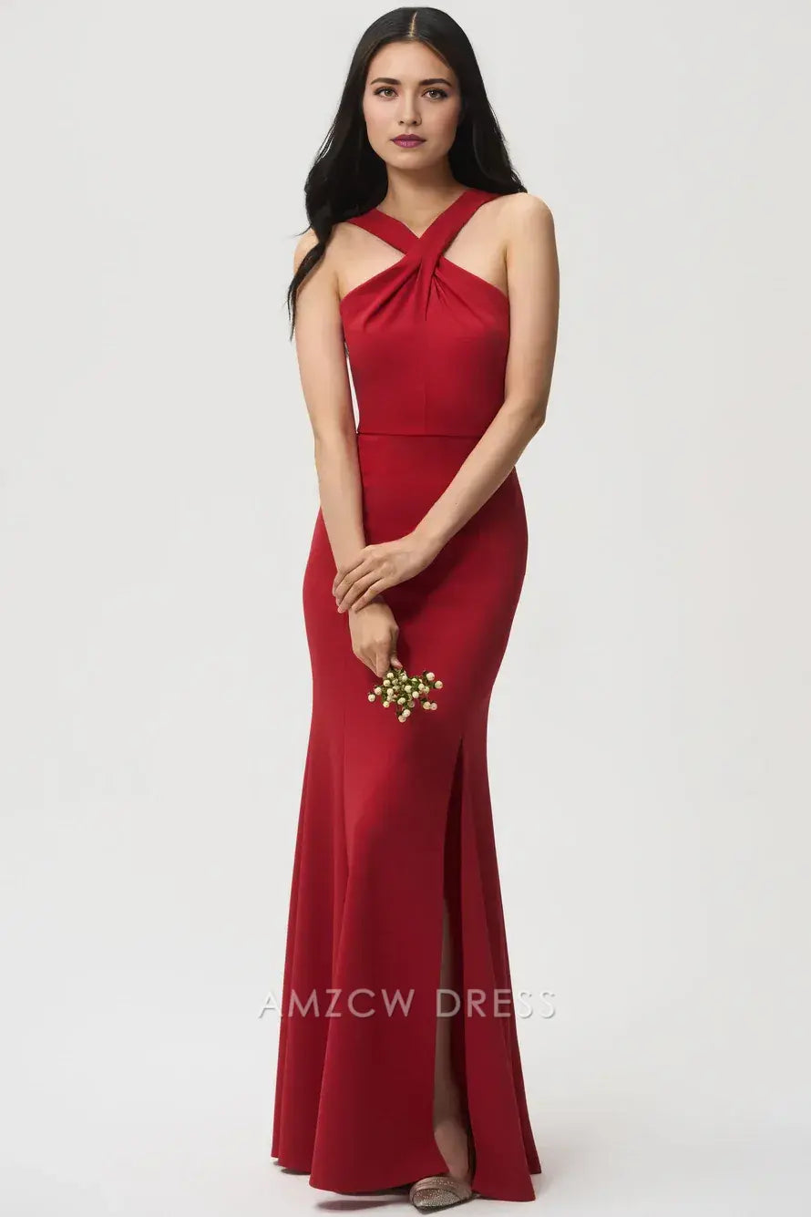 Vestido de noche elegante y elegante con escote cruzado rojo y silueta de sirena de Amzcw. 