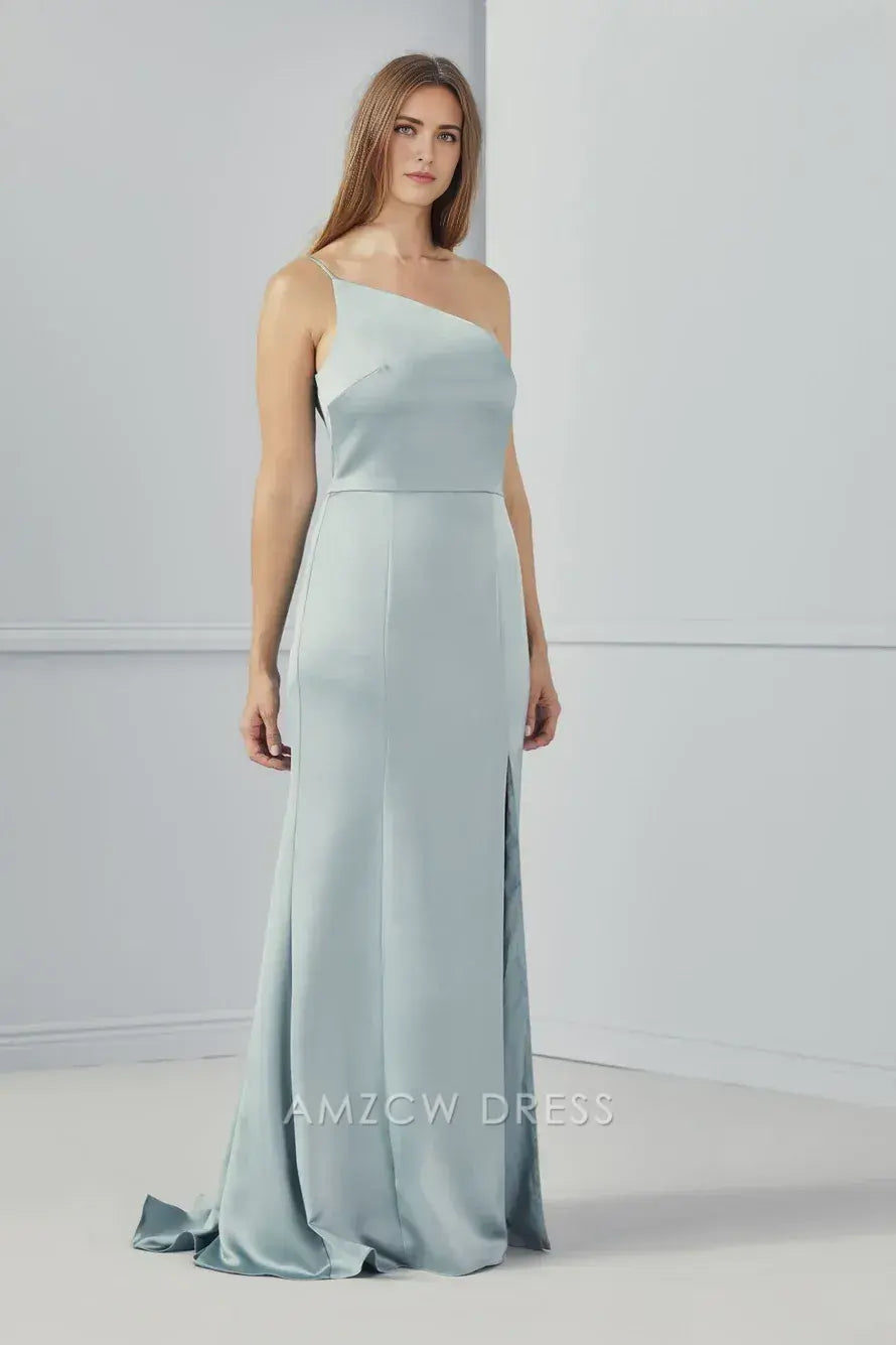 Elegante vestido de satén azul suave de Amzcw con un solo hombro y abertura lateral. 